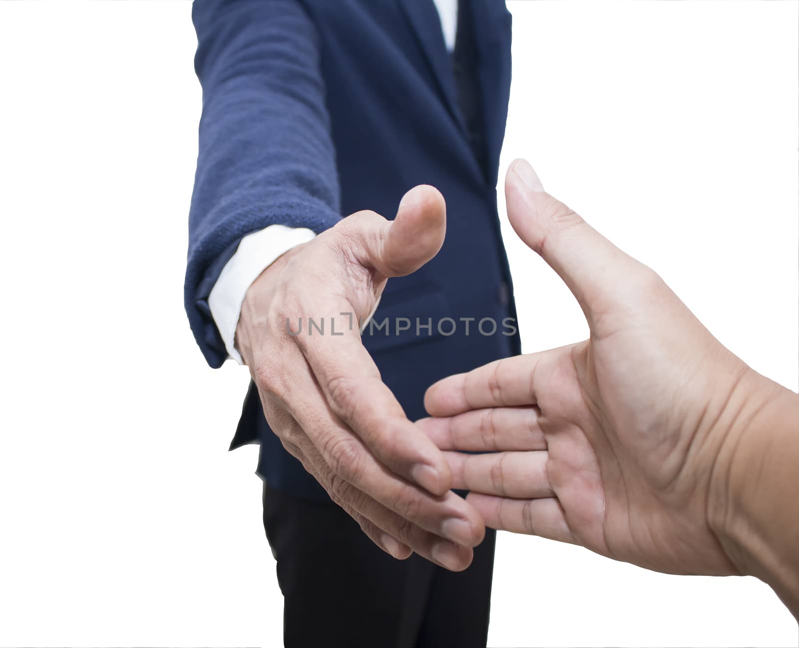 Two confident business man shaking hands during a meeting on white background,Close up