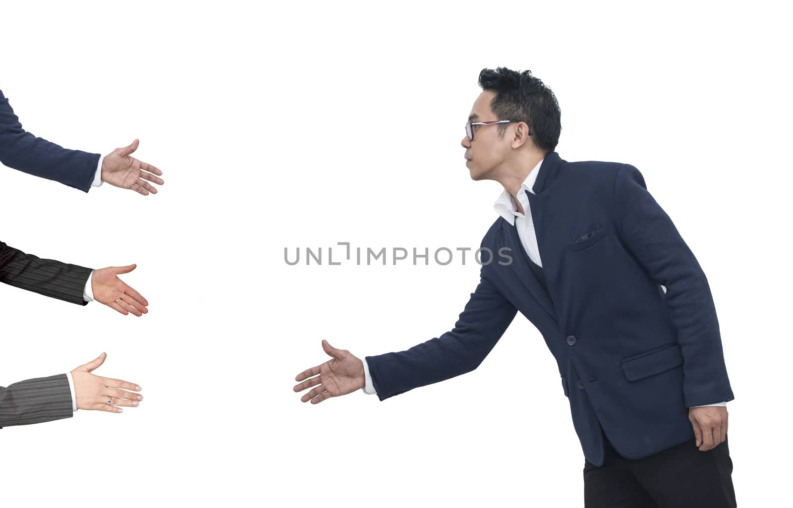 Asian Business man extending hand to shake white three business hand on white background