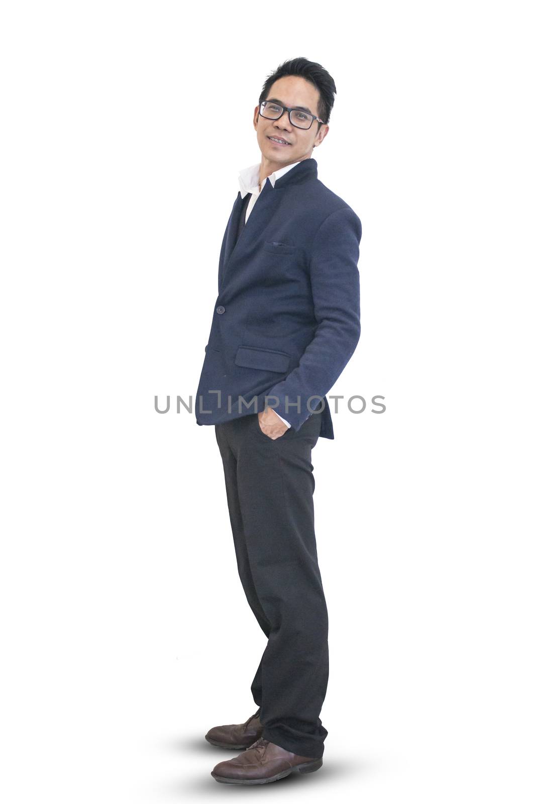 Successful asian business man standing on white background