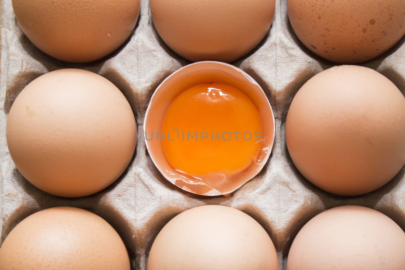 Close up Raw brown eggs and one open egg in a package