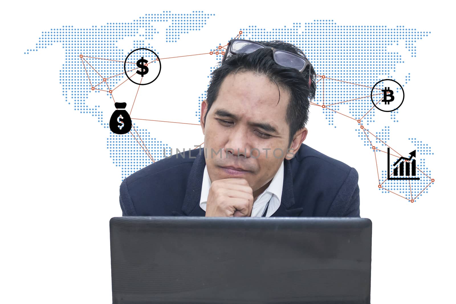 A business man is working harder to achieve new sales target.Business man with world map and business icon