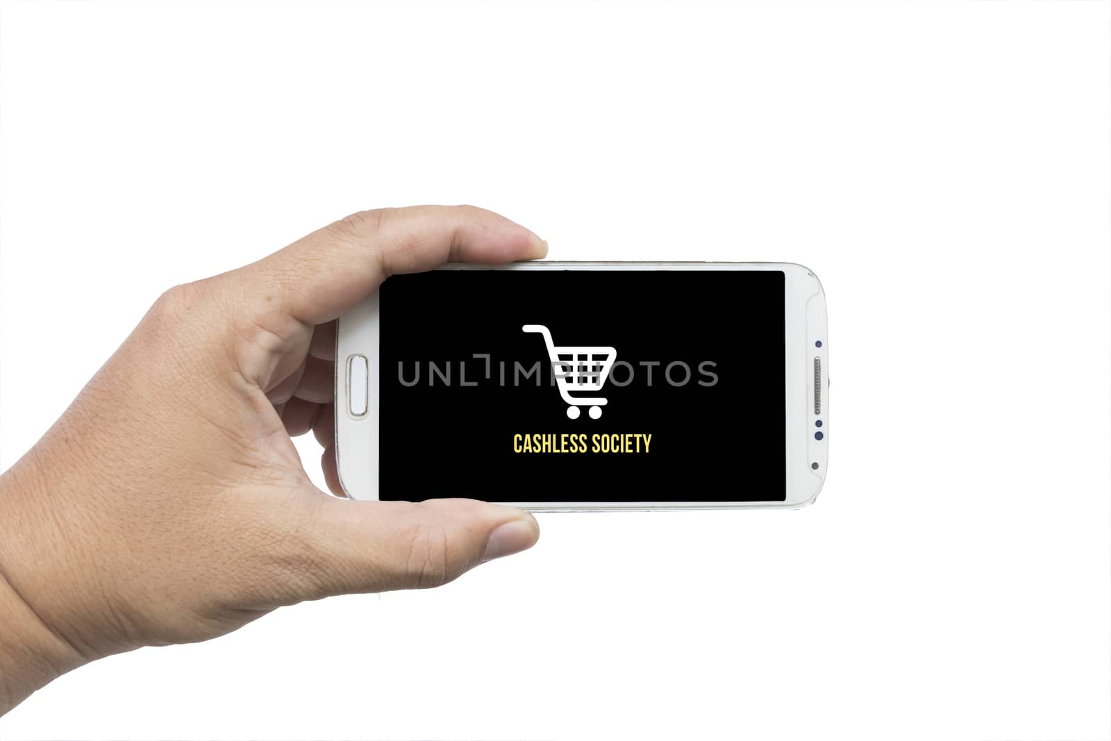 Businessman holding smartphone with Cashless society title on white background,Cashless society concept
