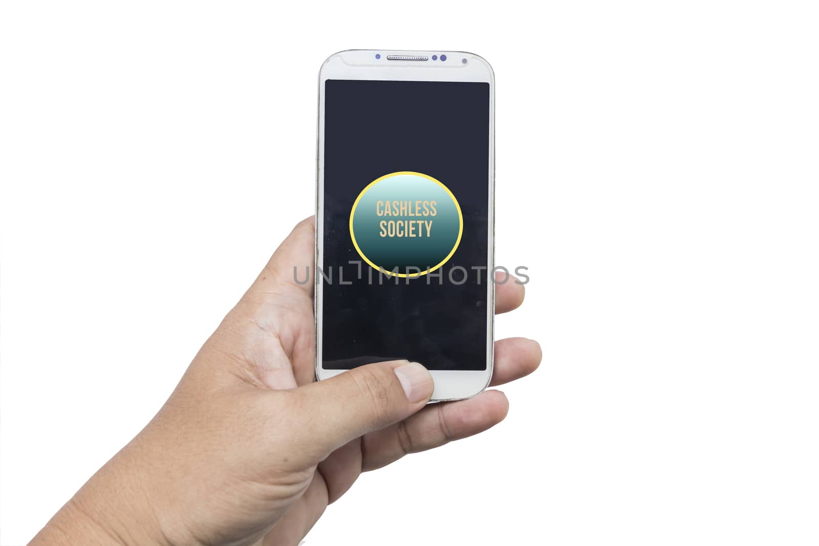  Hand holding smart phone with mobile payment isolate on white background ,Cashless society concept.
