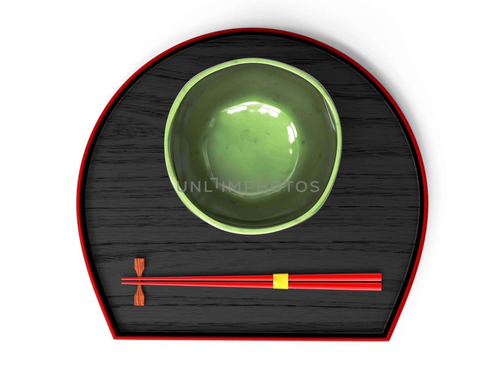 Japanese chawan and red chopstick on the tray..3D illustration. by Umbrella