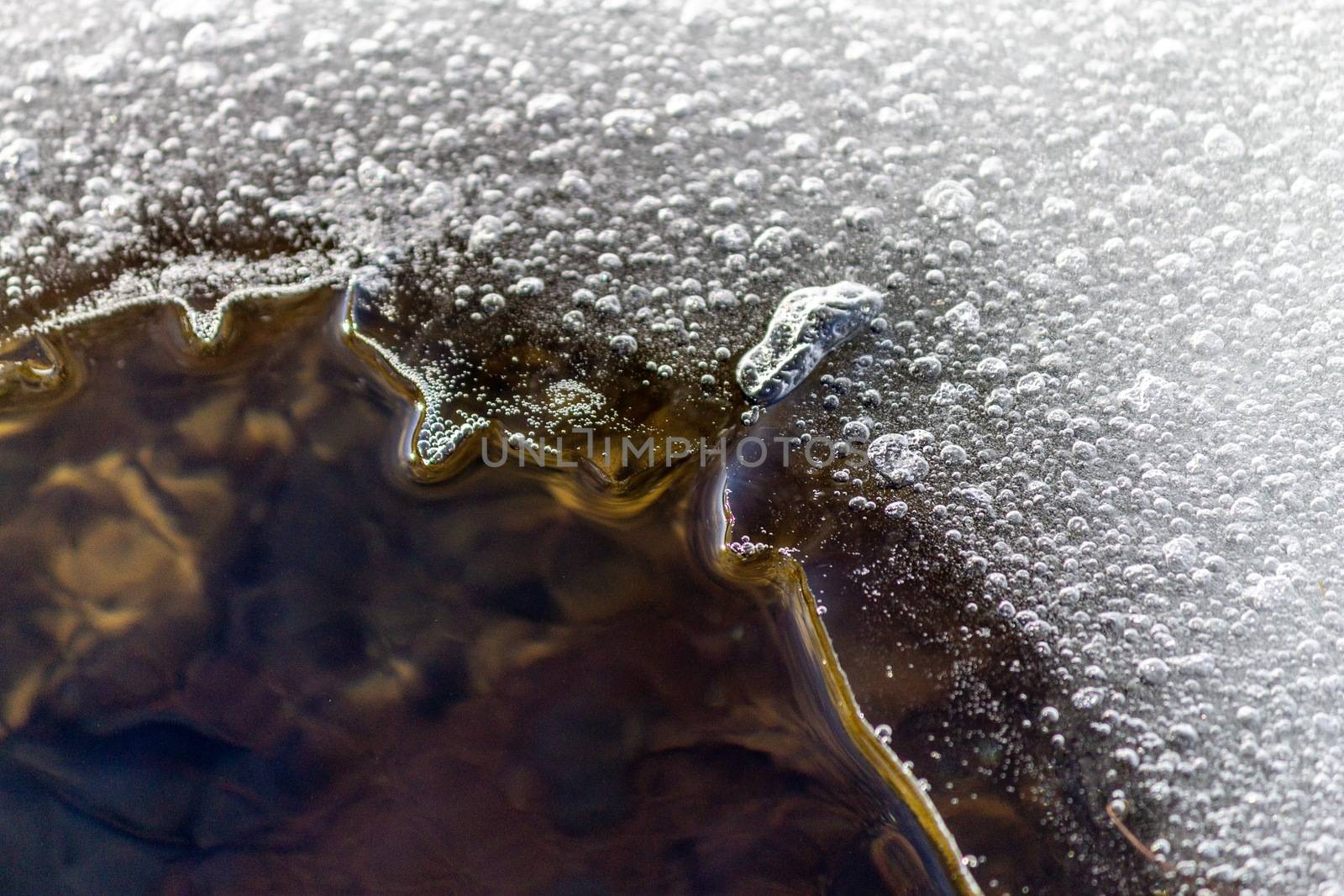 Frozen lake of ice close up.The surface of a lake covered with thin ice.