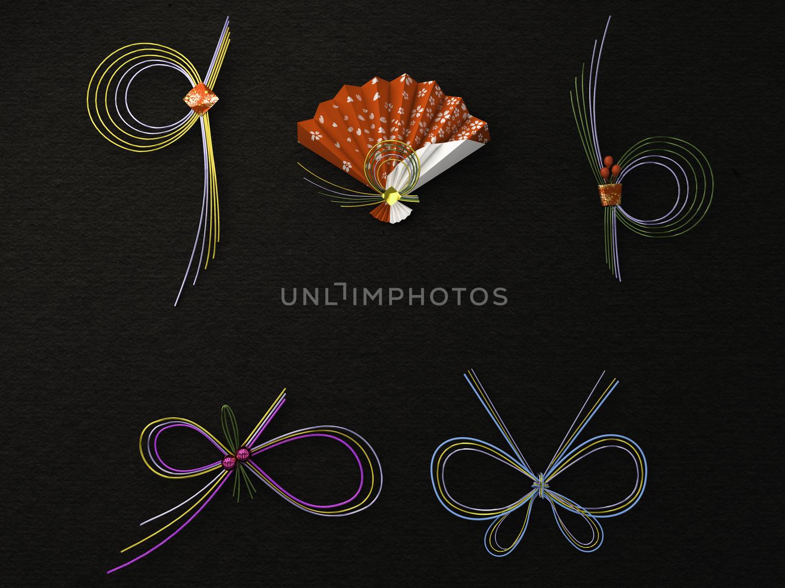 Decorative Japanese cord and red small japanese fan.sensu. Japanese decorative cord made from twisted paper.Japanese paper strings.Mizuhiki 3d illustration.
