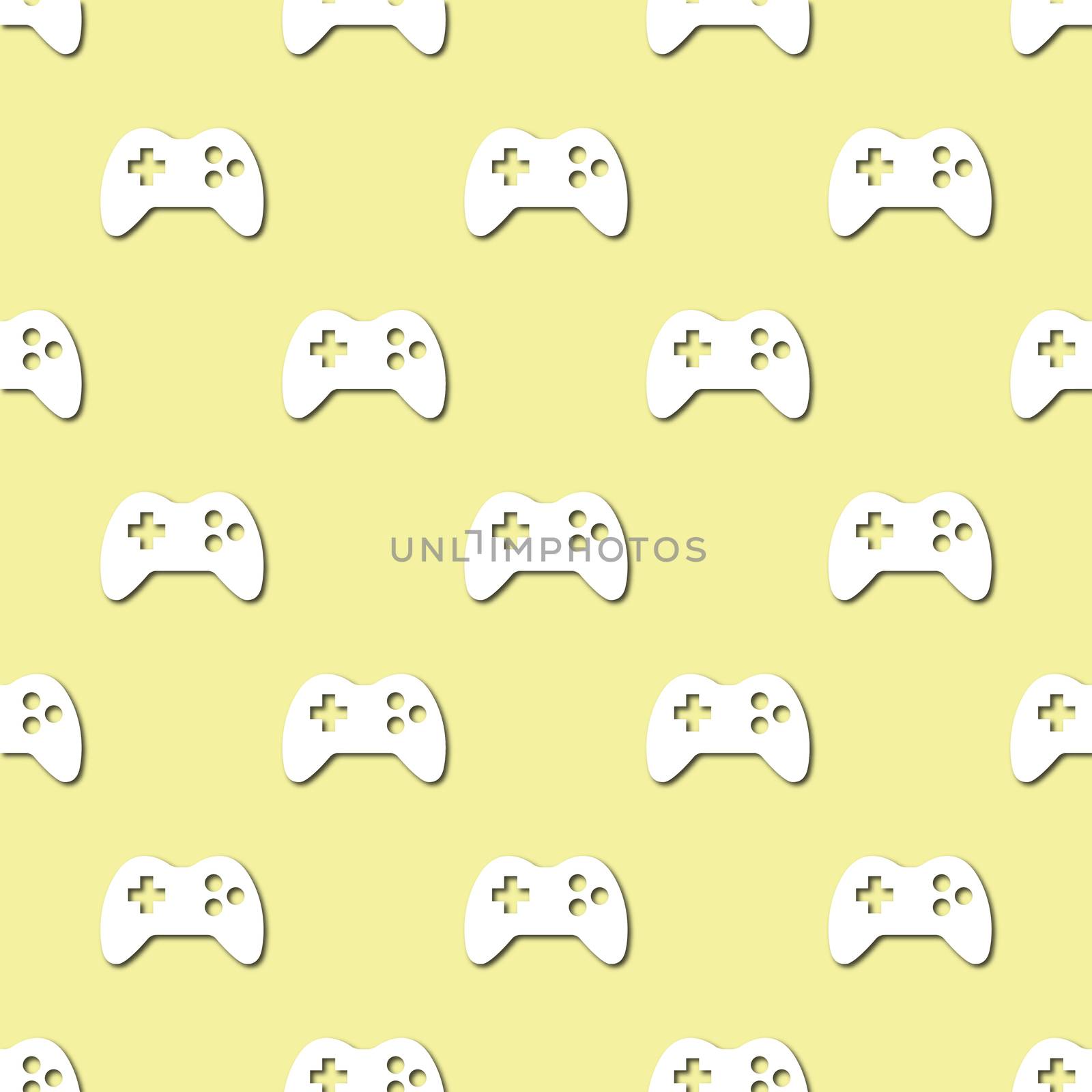 White game consoles icon on pale green background, seamless pattern. Paper cut style with drop shadows and highlights.