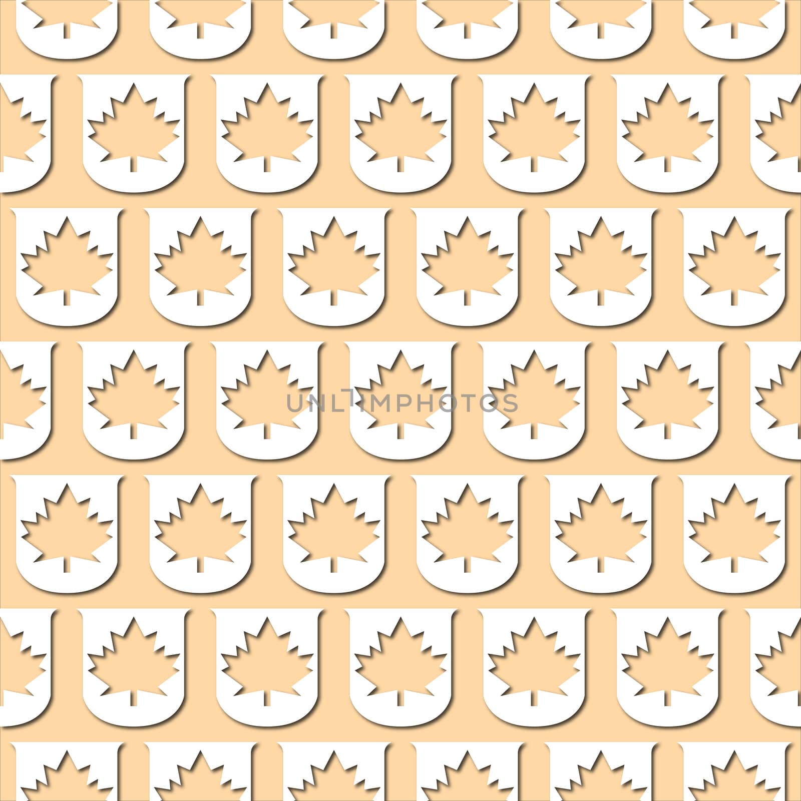 White maple leaf icon on pale orange background, seamless pattern. Paper cut style with drop shadows and highlights.