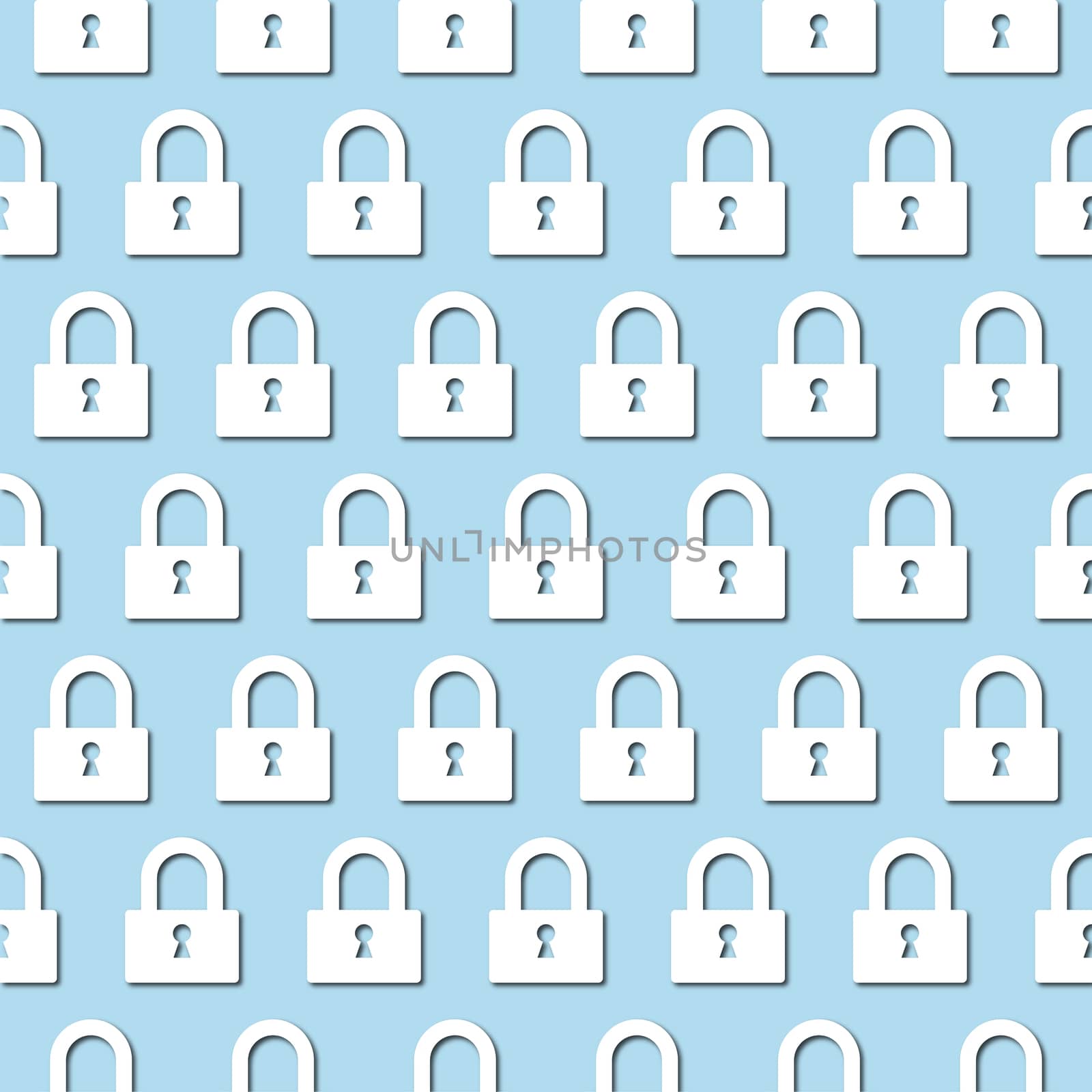 White lock icon on pale blue background, seamless pattern. Paper cut style with drop shadows and highlights.