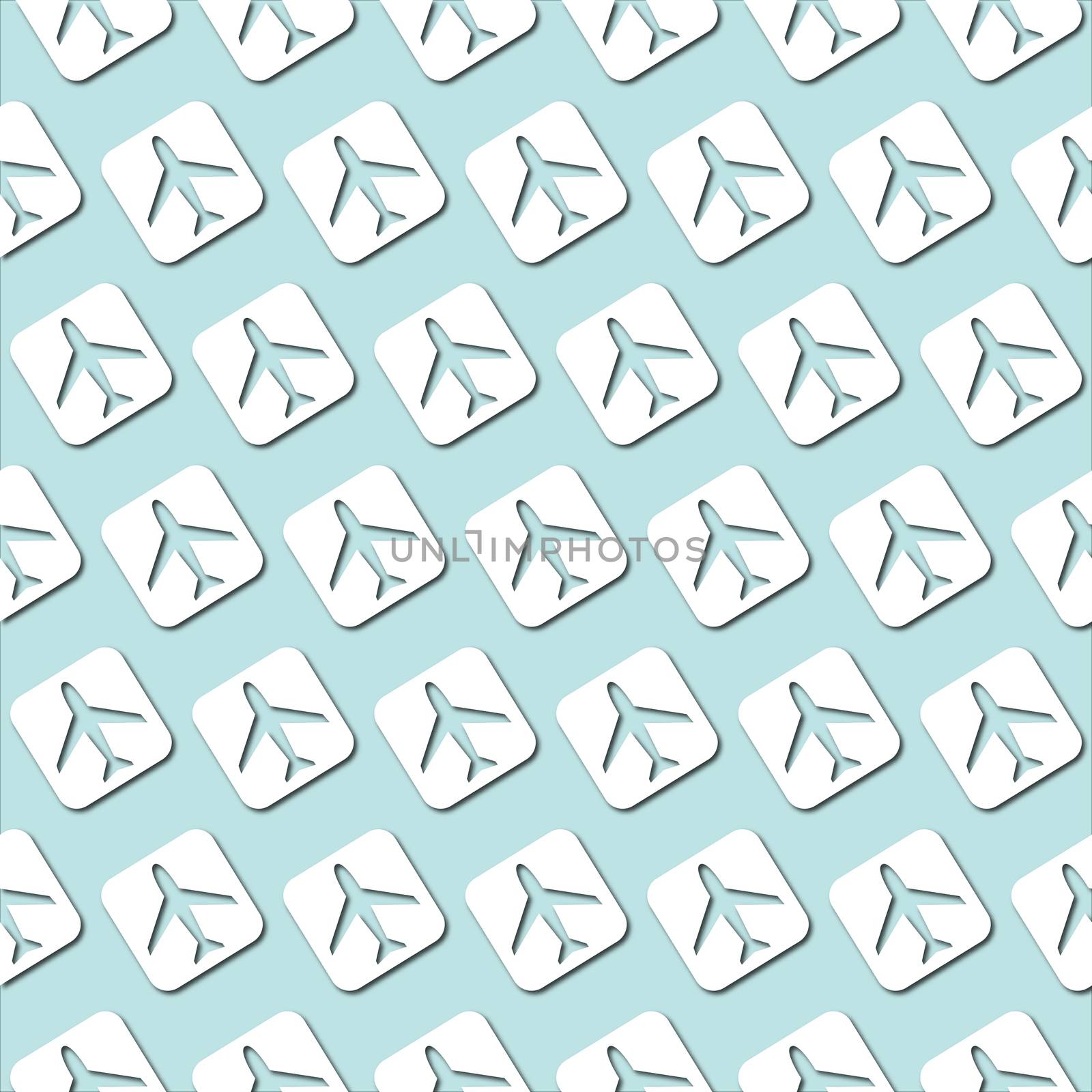 White plane icon on pale blue turquoise background, seamless pattern. Paper cut style with drop shadows and highlights.