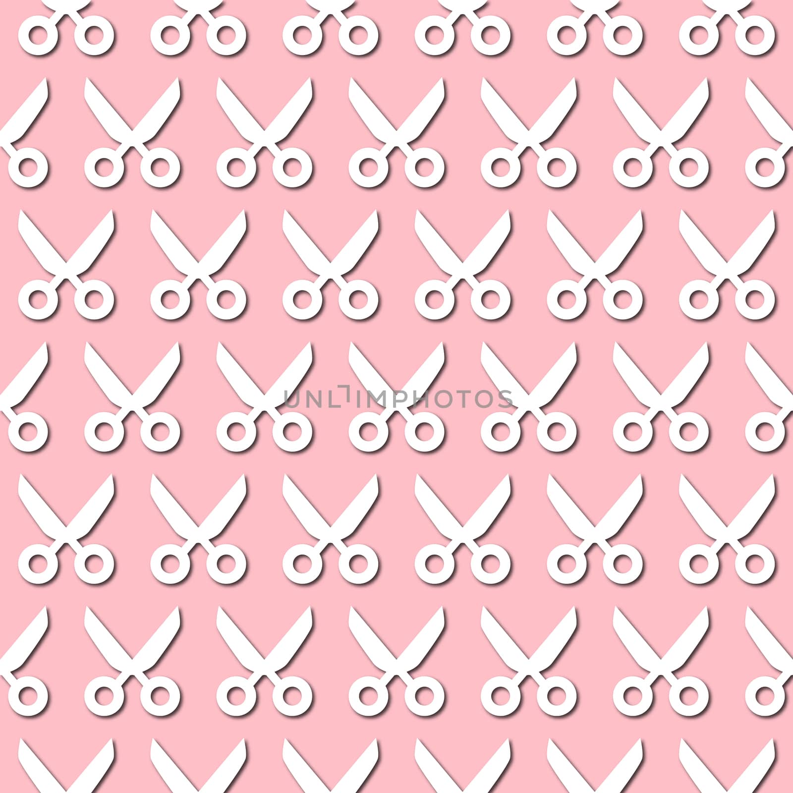 White scissors icon on pale pink background, seamless pattern. Paper cut style with drop shadows by Pashchenko