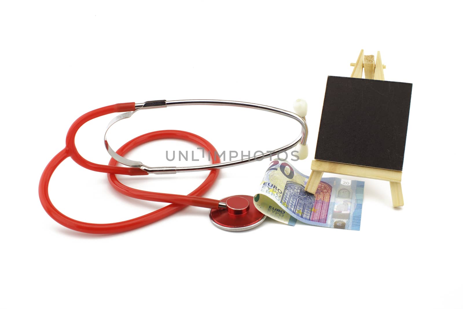 Stethoscope with euro banknotes money with copyspace over white in a concept of healthcare and medical costs