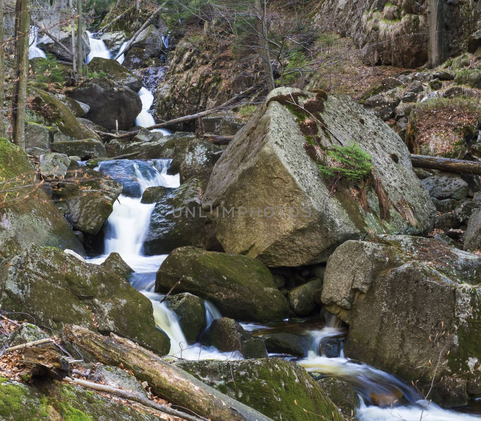 long exposure waterfal cascade in Jizerske hory, Jizera mountain, forest on Cerny Stolpich black creek in czech republic, green mossed stones, ferns and trees.