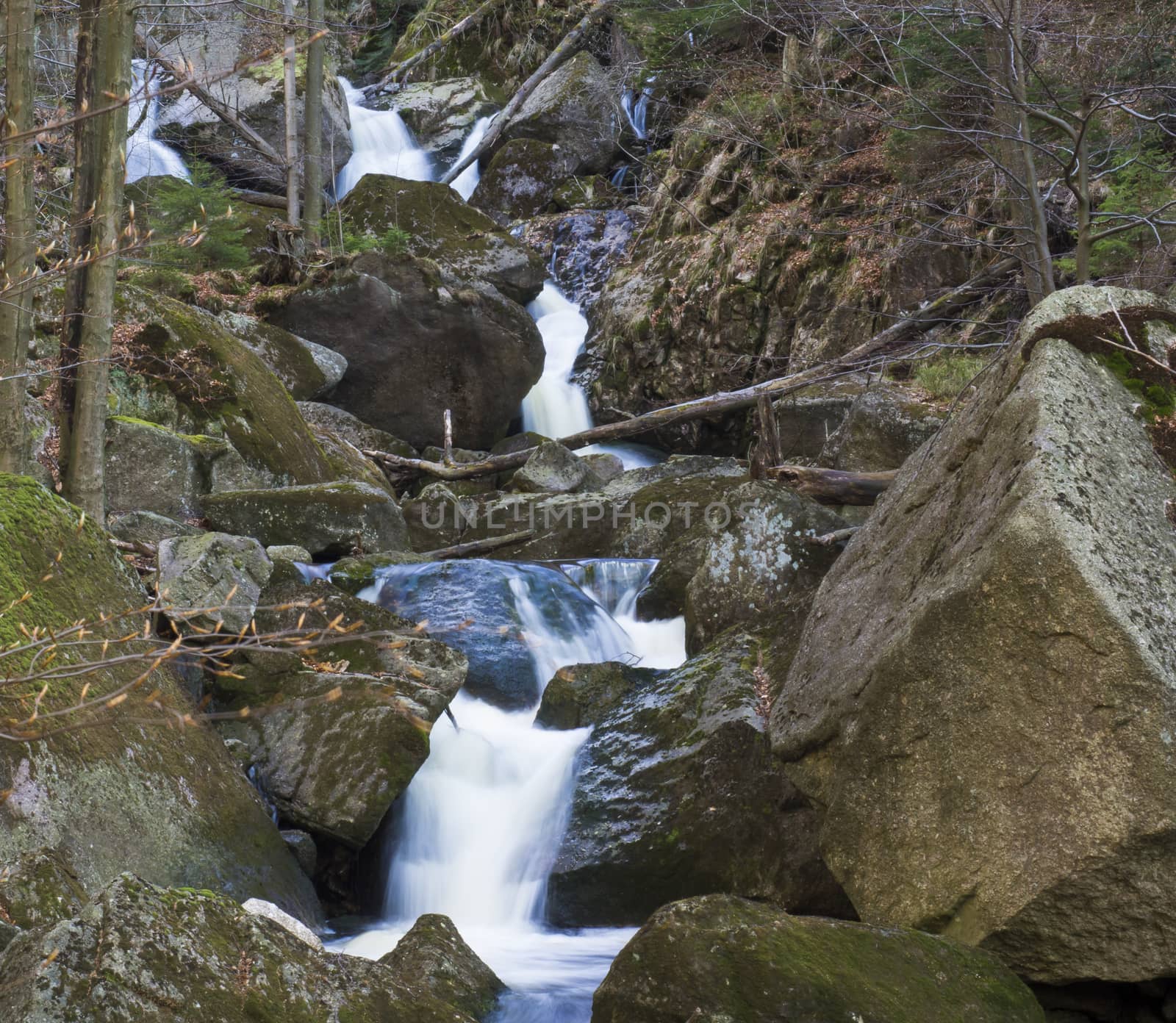 long exposure waterfal cascade in Jizerske hory, Jizera mountain, forest on Cerny Stolpich black creek in czech republic, green mossed stones, ferns and trees.