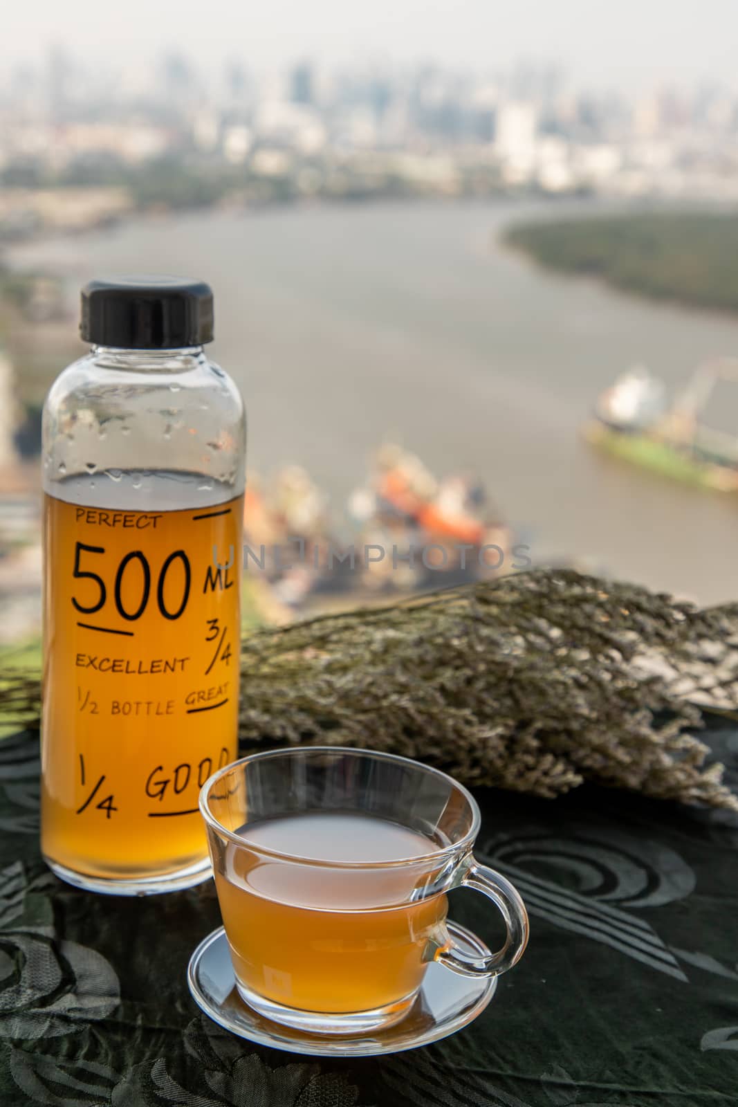 Refreshing and enjoy with a cup of hot ginger juice in the morning. Healthy drink, Selective focus, Copy space.