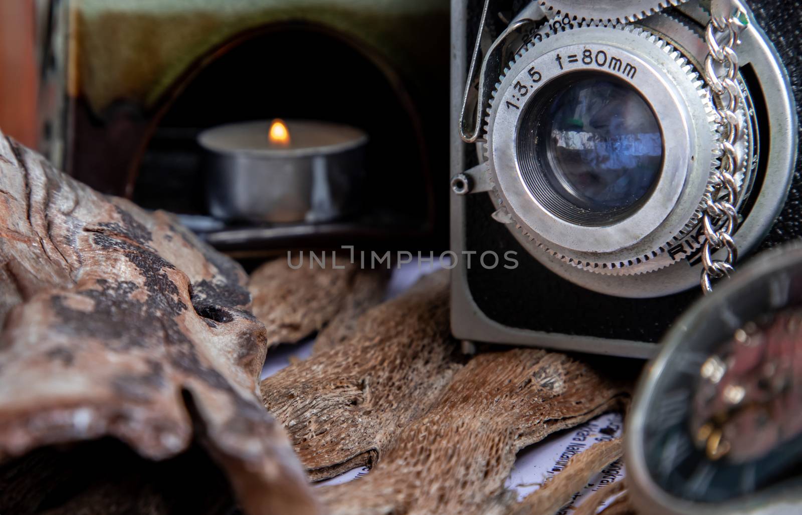 Vintage two lens photo camera on wooden background. An idea of old camera and memory, time Nostalgia.