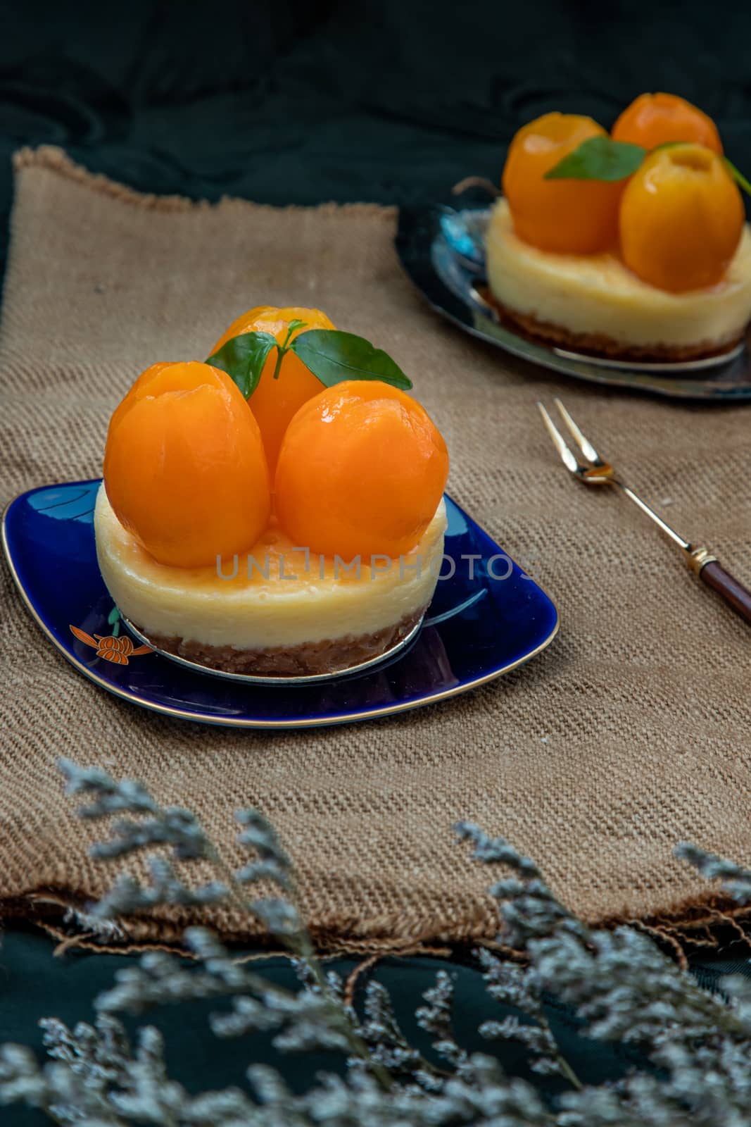 Traditional French sweet dessert : Mayomgchid tart on beautiful background. One piece, Delicious seasonal breakfast. Oblique view from the top, Selective focus.