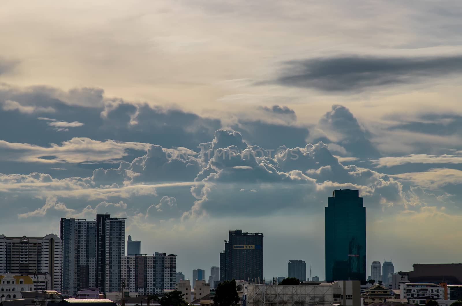 Bangkok, thailand - May 18, 2020 : Sky view of Bangkok with skyscrapers in the business district in Bangkok in the evening beautiful twilight give the city a modern style. Selective focus.