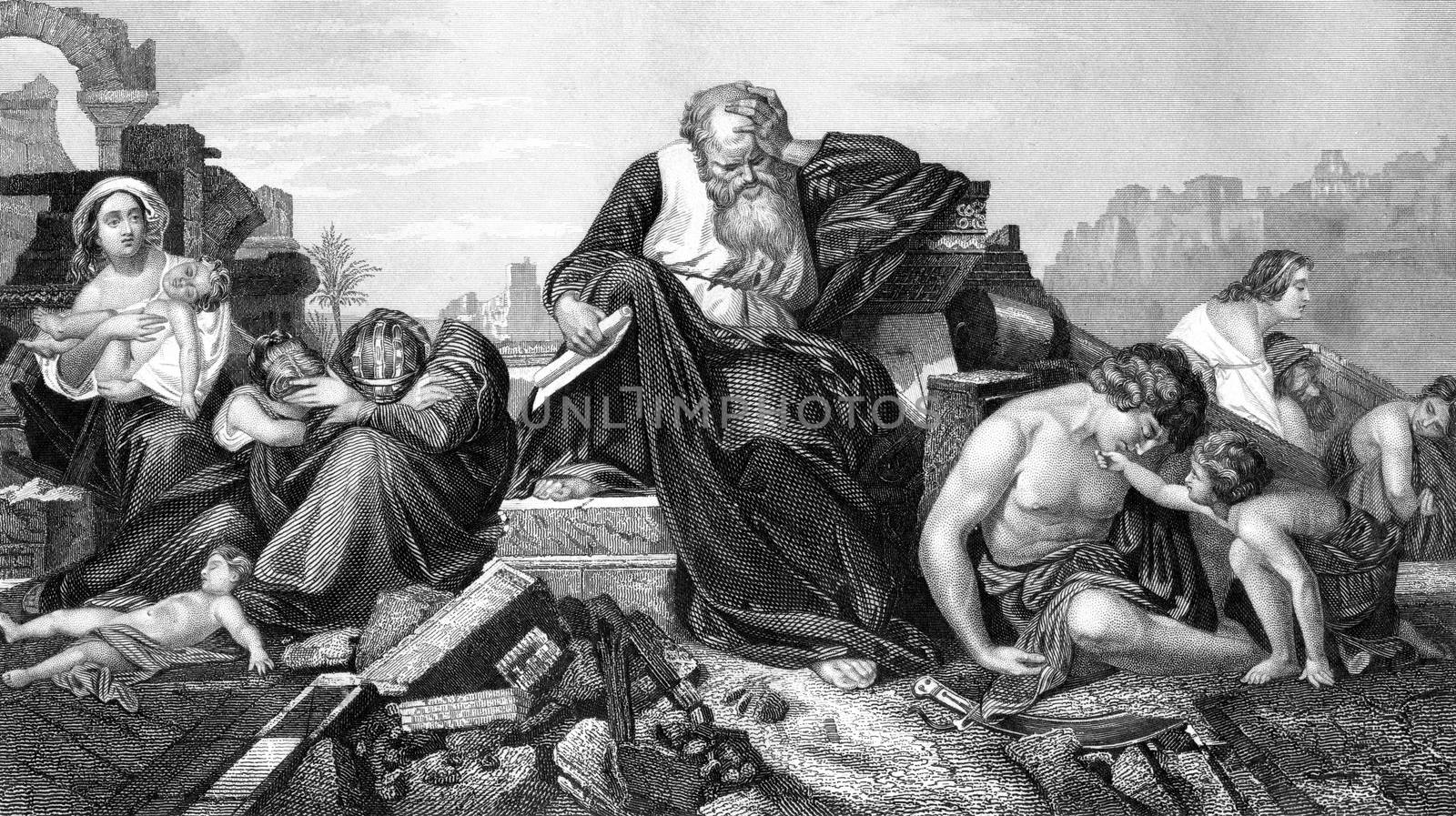 An engraved Old Testament Bible illustration image of the prophet Jeremiah lamenting over Jerusalem, from a vintage Victorian bible dated 1852 that is no longer in copyright