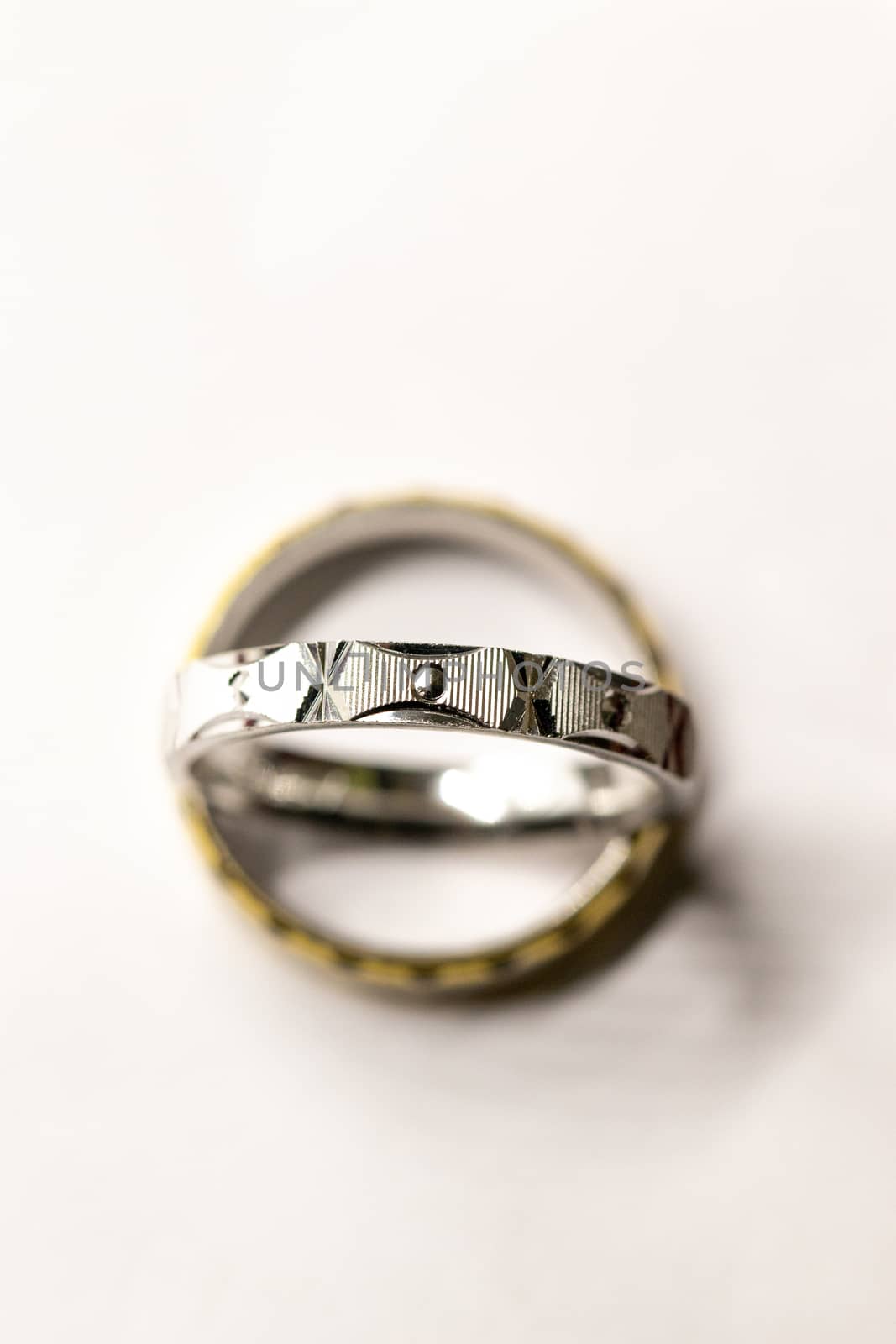 detail of silver round ring on white background