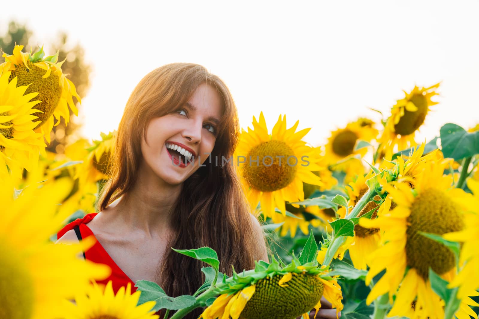 Happy woman with sunflwer enjoying nature and laughing on summer sunflower field. by Fotoeventis