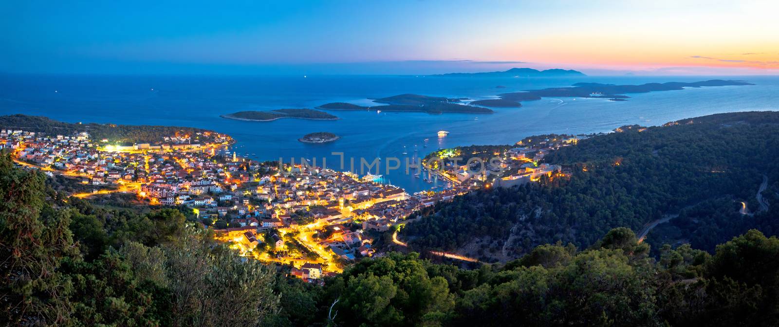 Island of Hvar and Pakleni islands archipelago bay aerial evening view, Dalmatia region of Croatia
