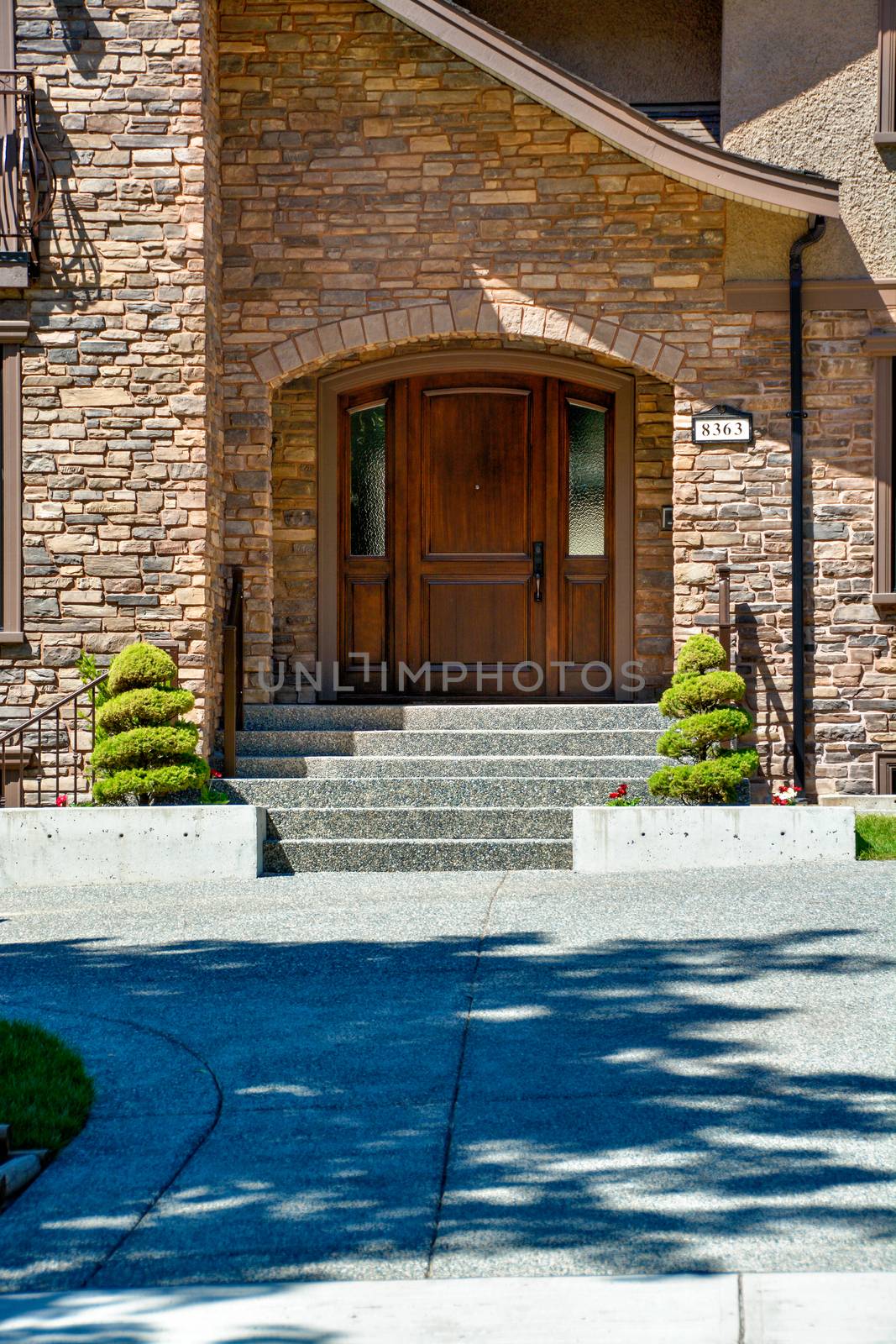Entrance door of luxury family house with concrete door steps and decor trees by sides