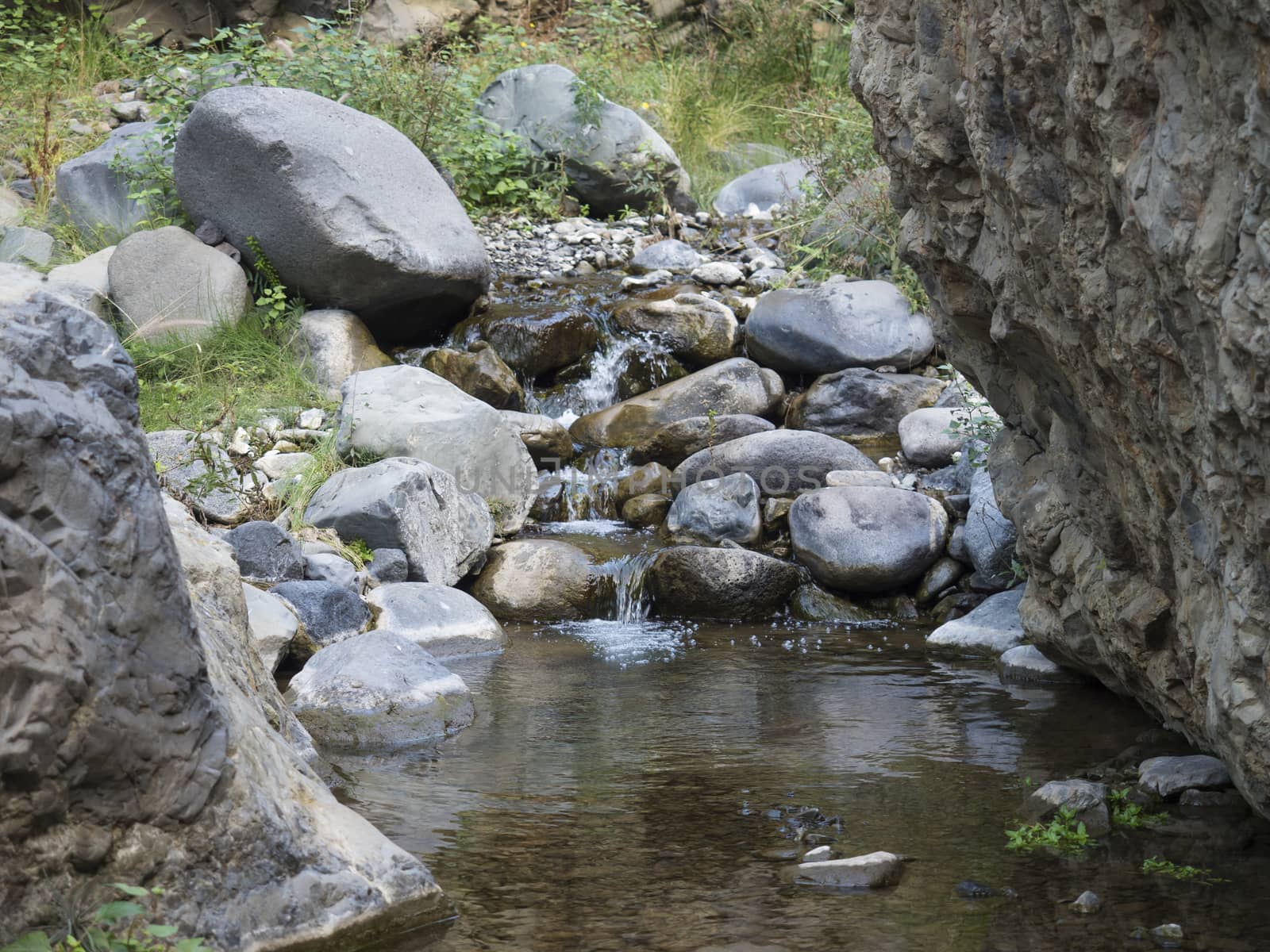 Small water stream at ravine of the Barranco de las Angustias canyon at hiking trail Caldera de Taburiente, La Palma, Canary Islands, Spain