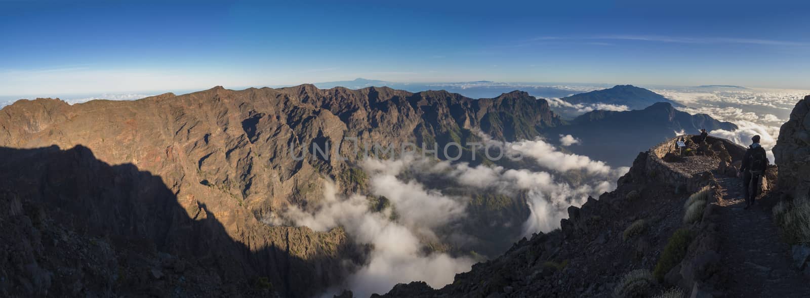 Panoramic view on crater Caldera de Taburiente from viepoint at top of Roque de los Muchachos mountain on the island La Palma, Canary Islands, Spain.