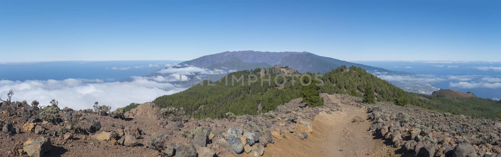 Panoramatic view of volcanic landscape with lush green pine trees, colorful volcanoes and white clouds at path Ruta de los Volcanes, hiking trail. La Palma, Canary Islands, Spain, Blue sky background by Henkeova