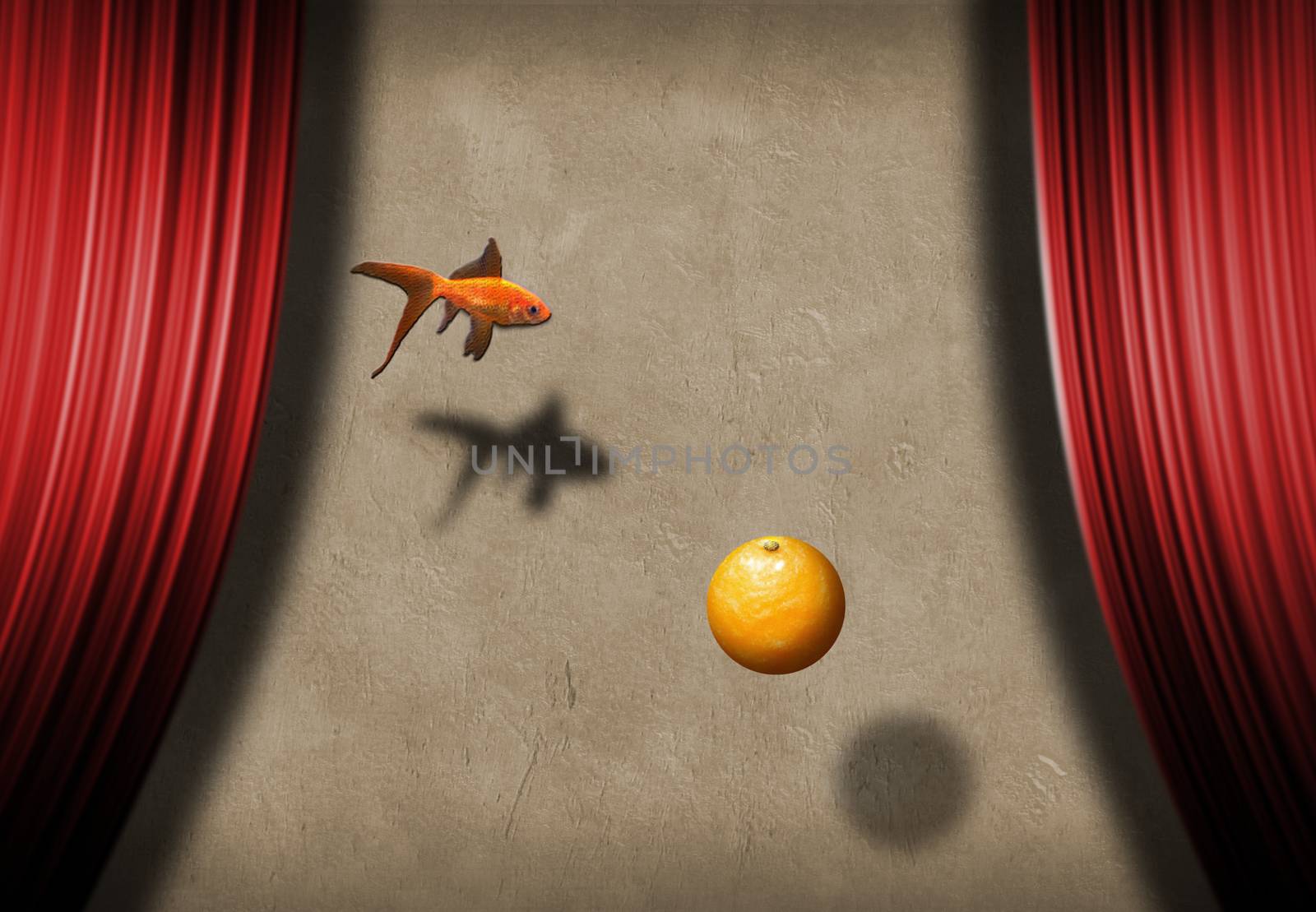 Surreal stage with golden fish and orange fruit. Symbolism - Wishes and Promises. 3D rendering