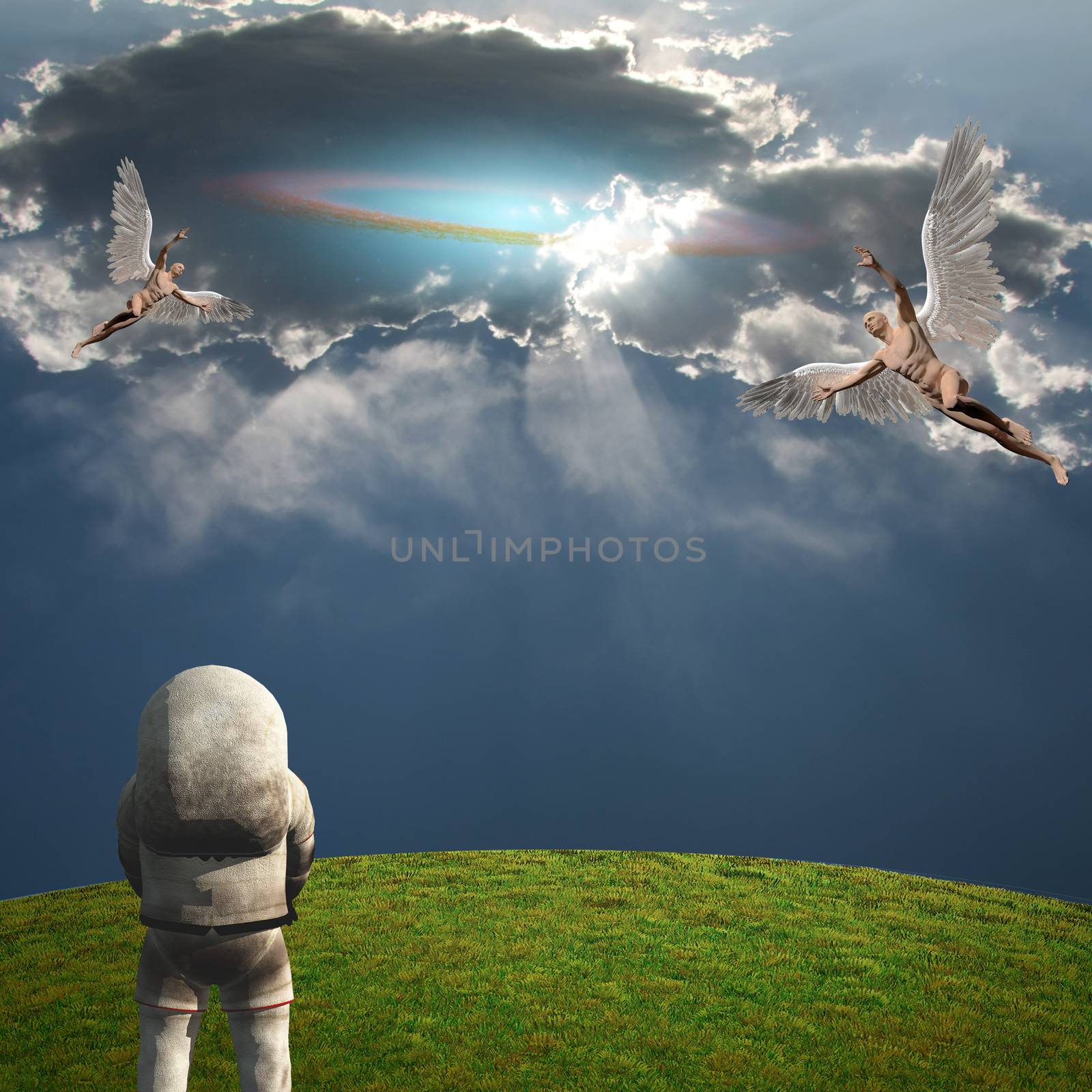 Surrealism and symbolism. Angels and Astronaut. Some elements credit NASA. 3D rendering