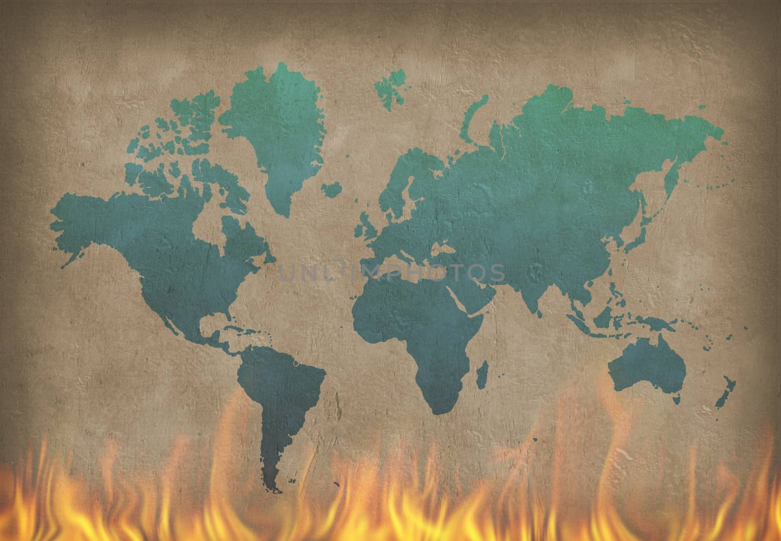 World map. Painting in blue color on the burning wall. 3D rendering