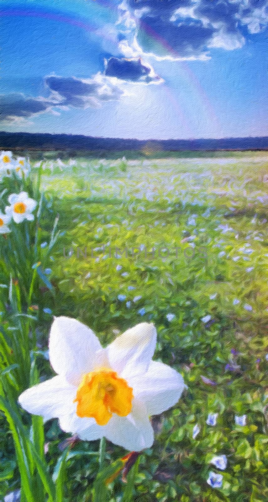 Narcissus field. Mountains at the horizon and cloudy sky. Oil painting. 3D rendering