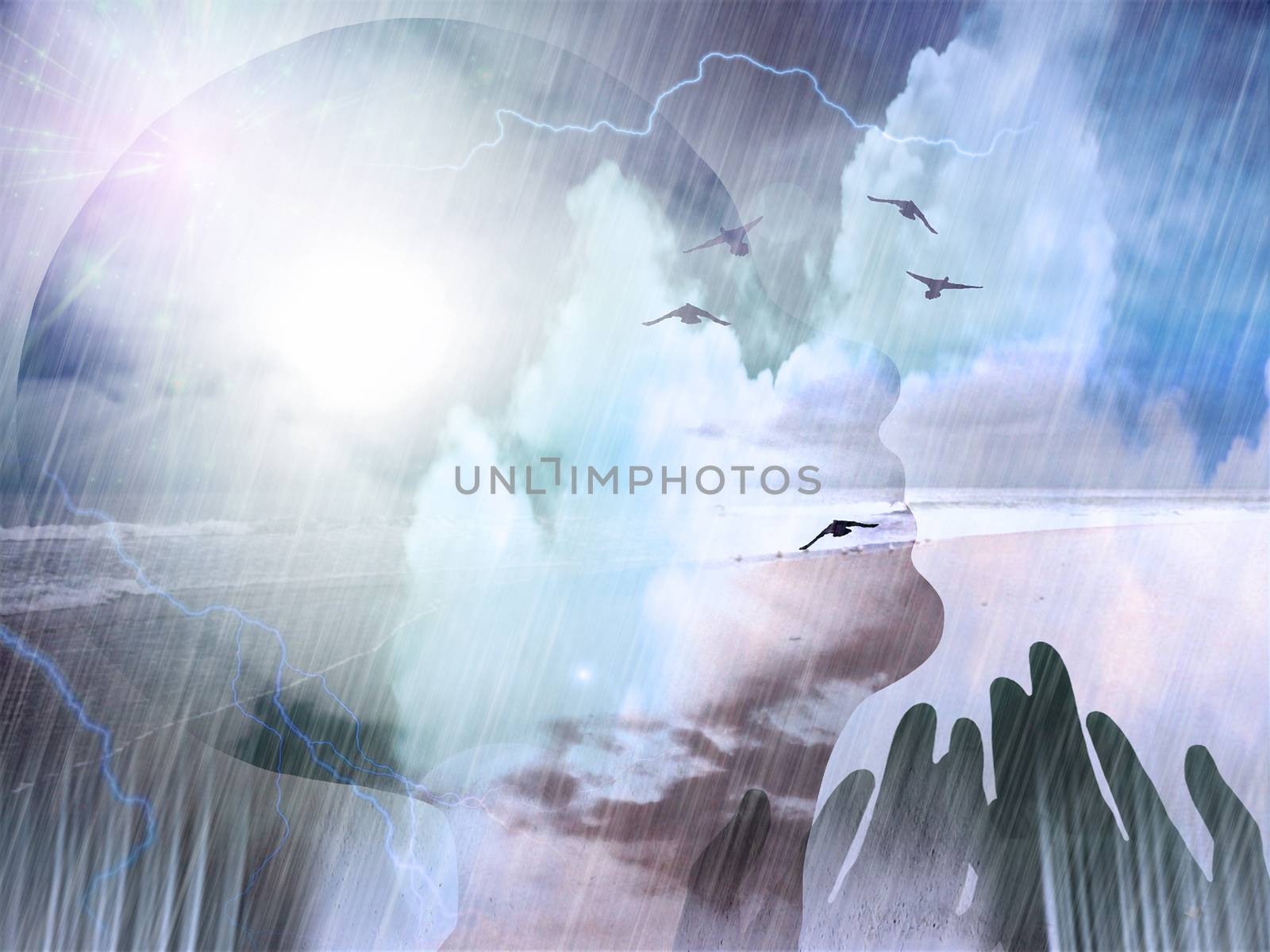 Spiritual composition. Birds flies above ocean shore. Woman's head silhouette and praying hands. 3D rendering