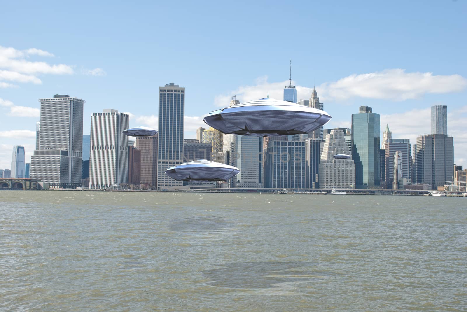 Flying saucers over New York harbor. 3D Rendering