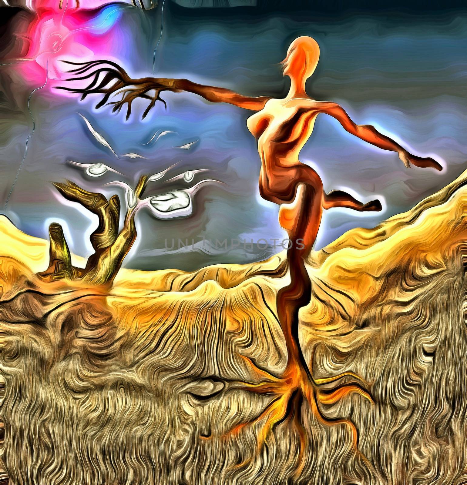 Surreal Oil Painting. Tree as a ballerina in the field. 3D rendering