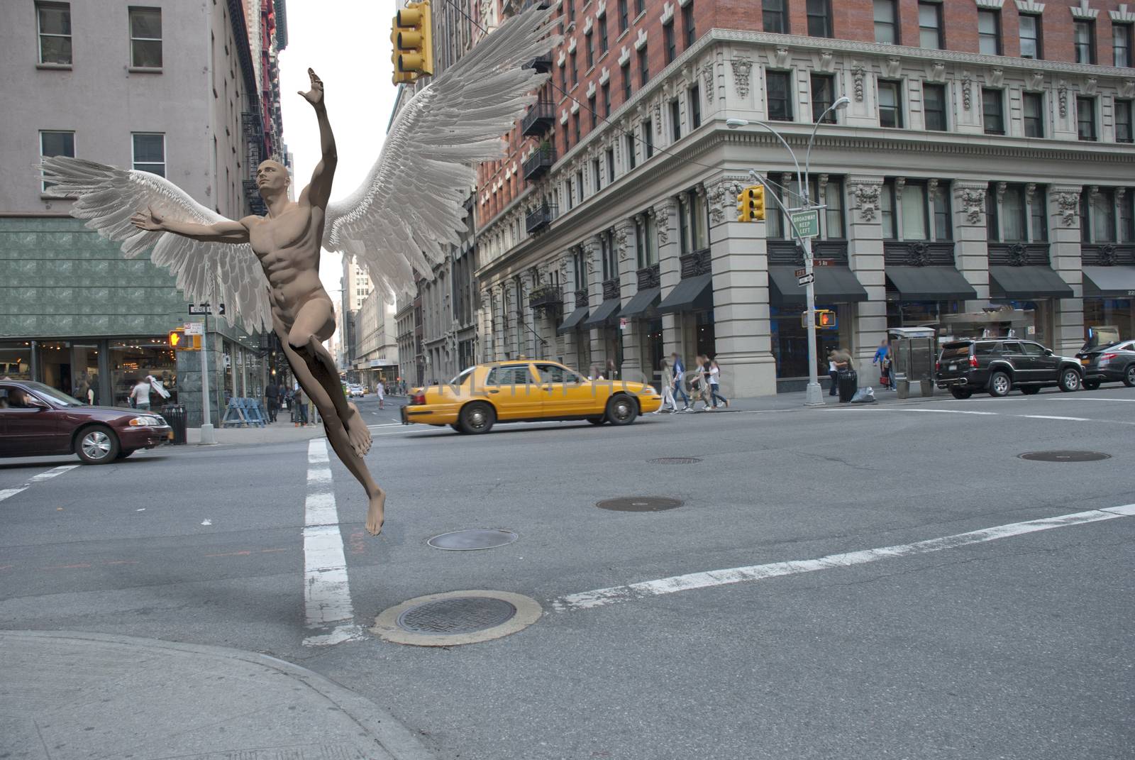 Surrealism. Naked man with white wings symbolizes an angel in the street of New York.