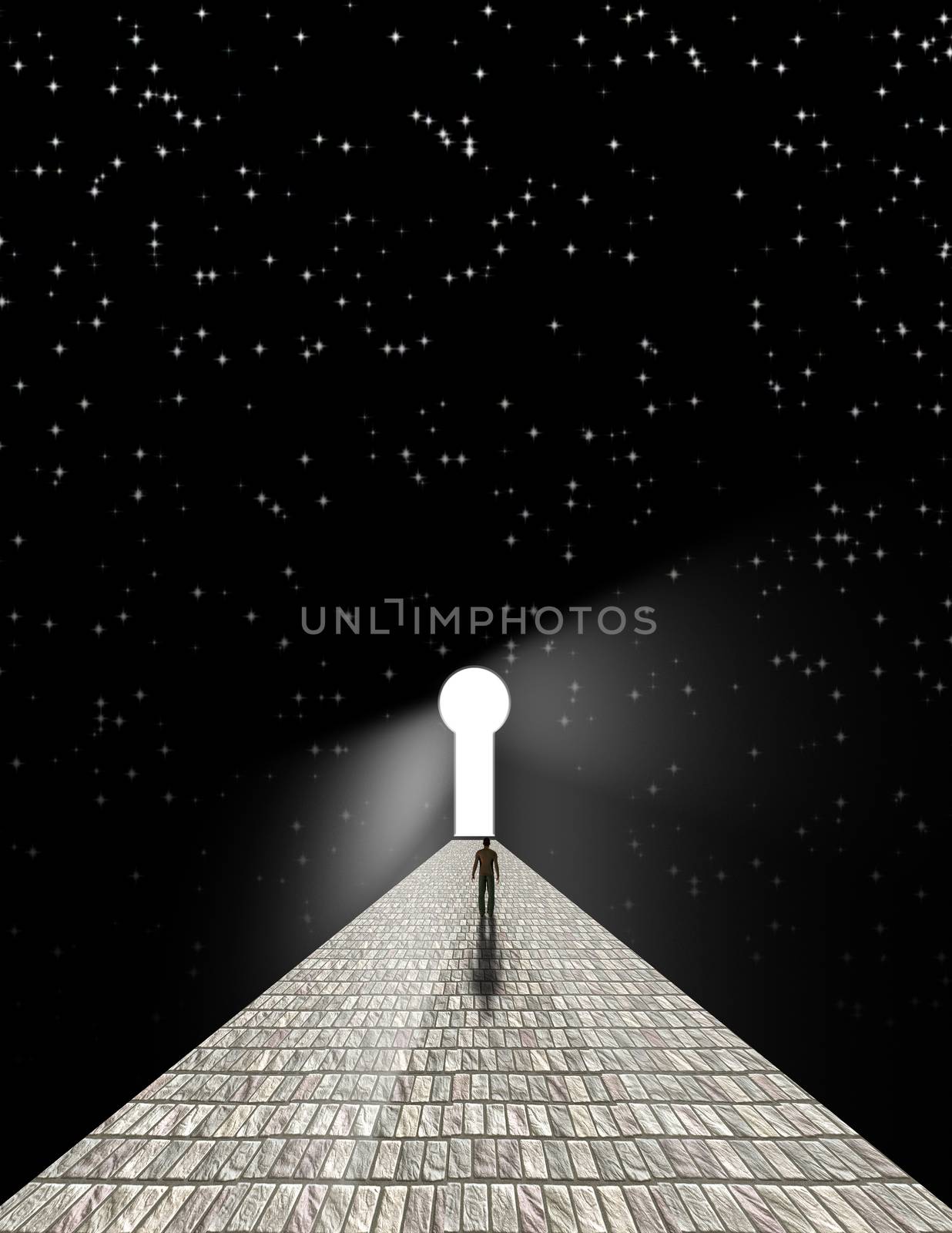 Man before keyhole on stone road with starry background. 3D rendering
