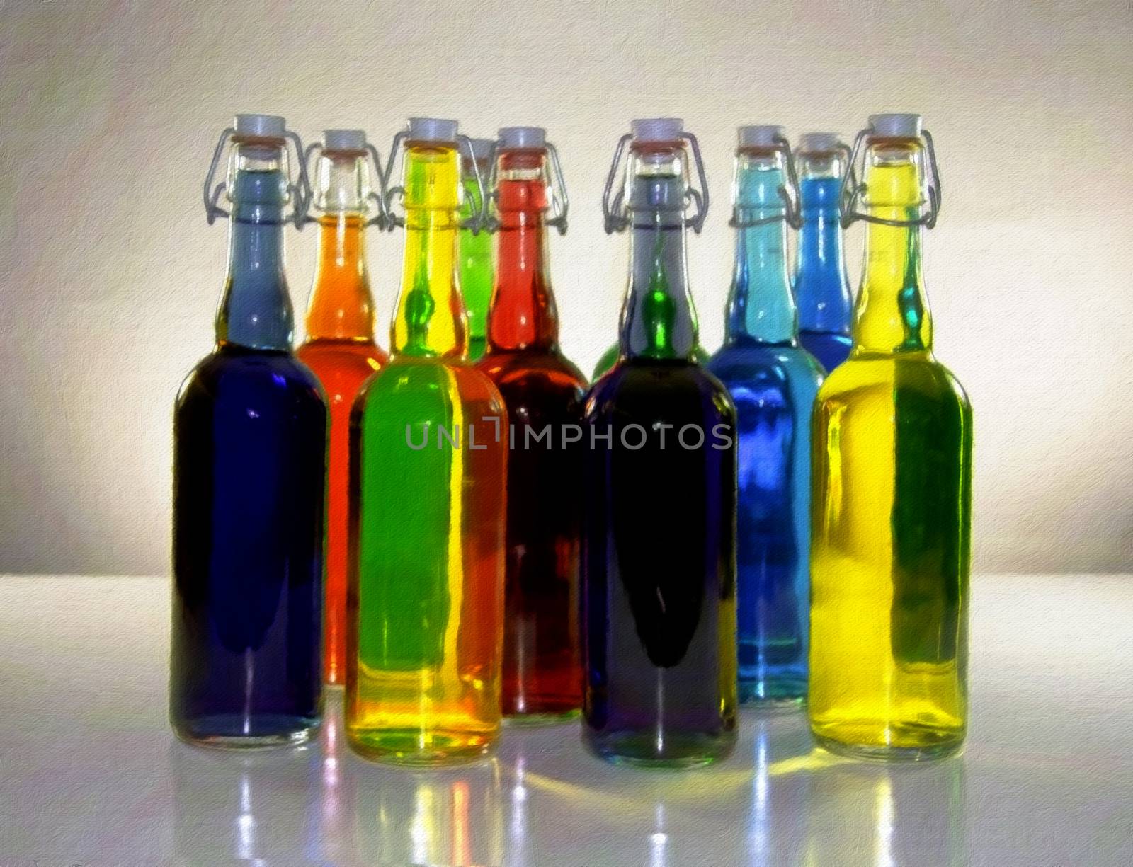 Colorful bottles. Canvas Painting. 3D rendering