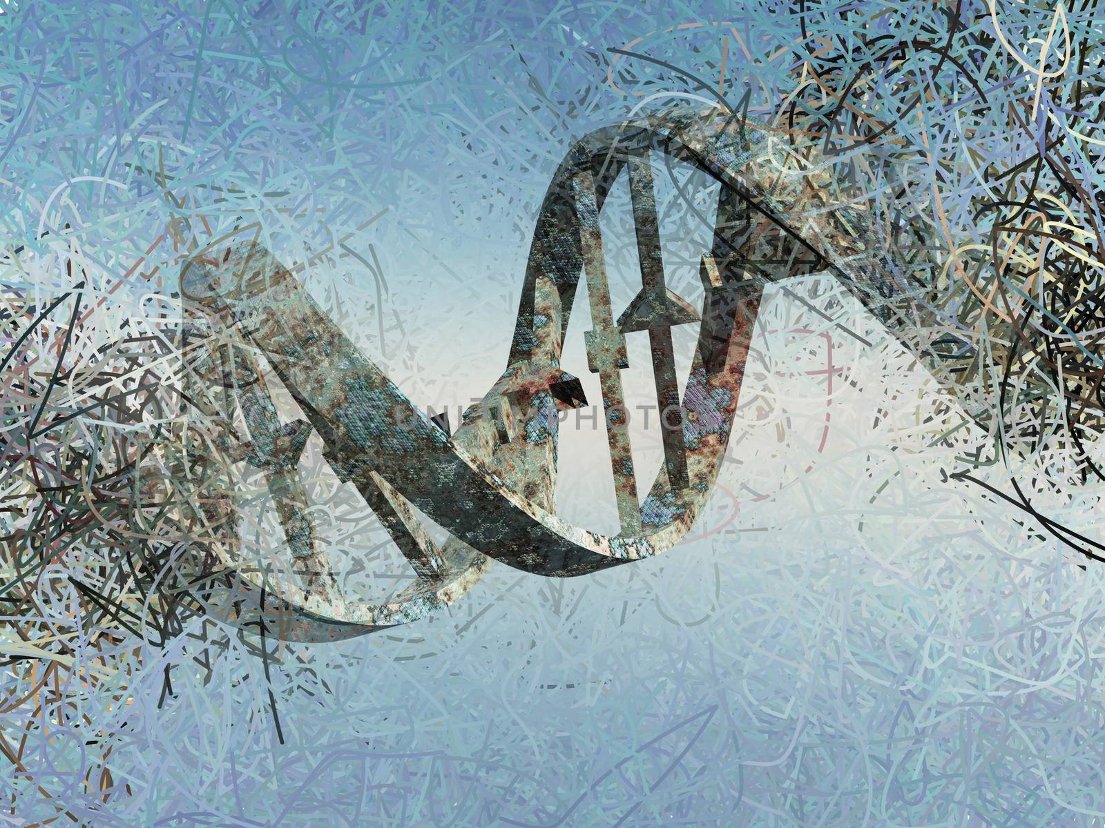 Surreal digital art. Damaged rusted DNA strands.