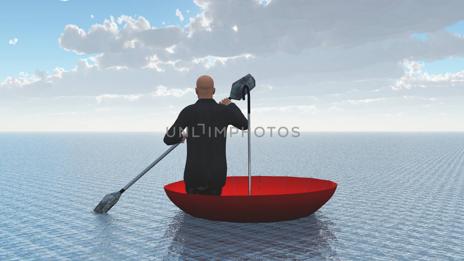 Surreal painting. Man floats in red umbrella.