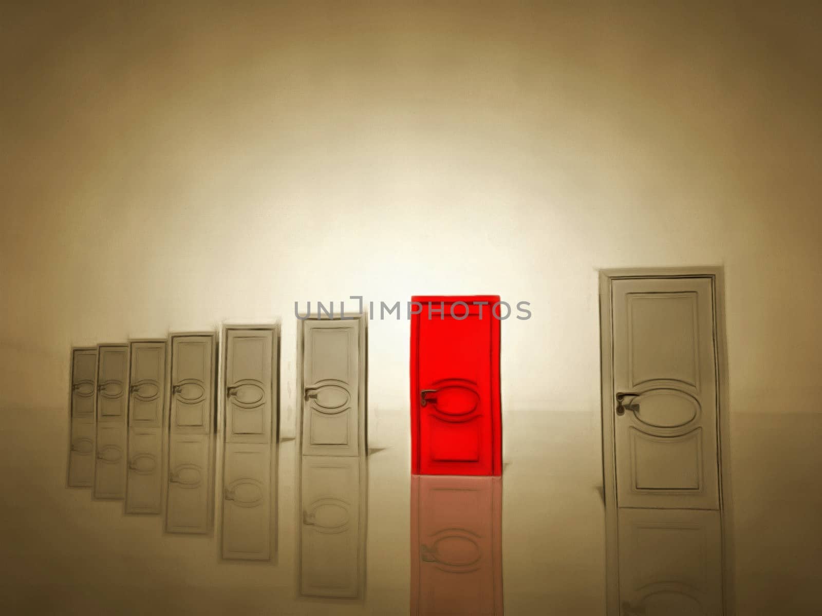 Surrealism. Seven white doors and one red door symbolizes choice. 3D rendering