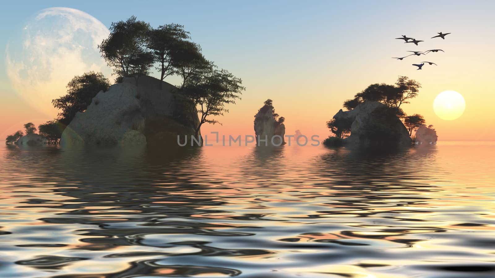 Sunrise or set with moon and rocky islets. 3D rendering