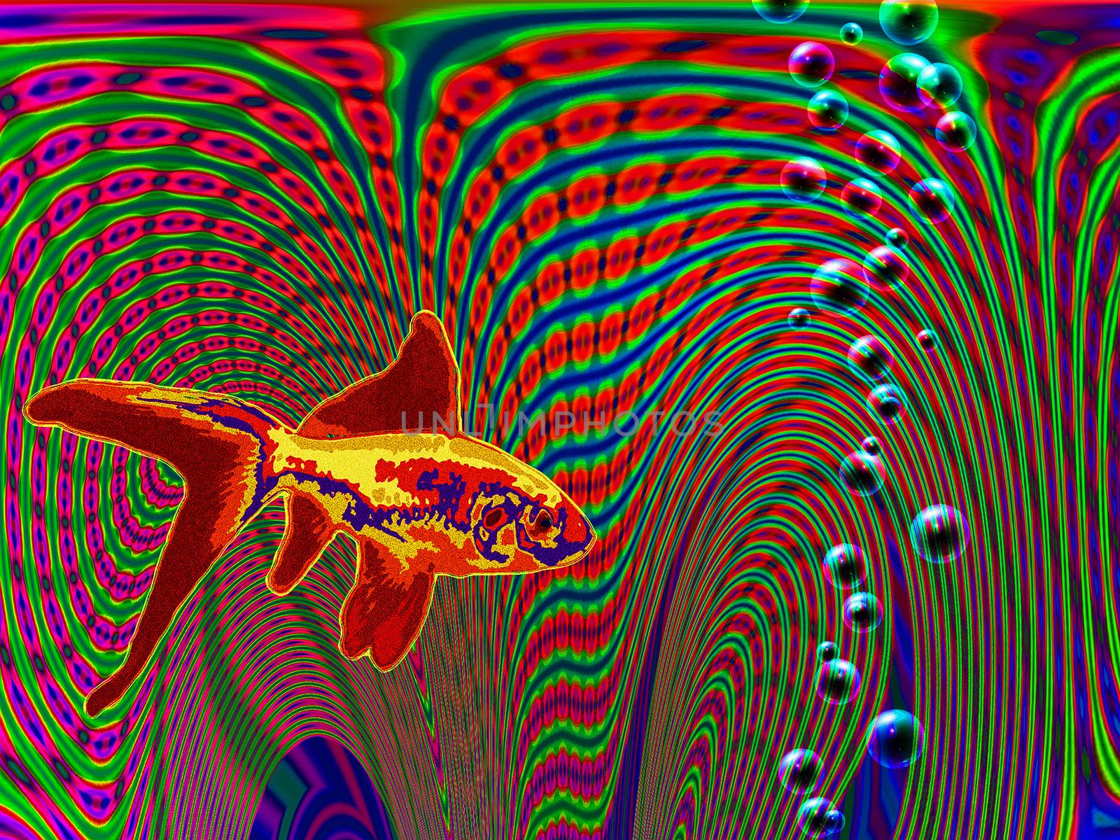 Hallucinogenic image. Golden fish. 3D rendering