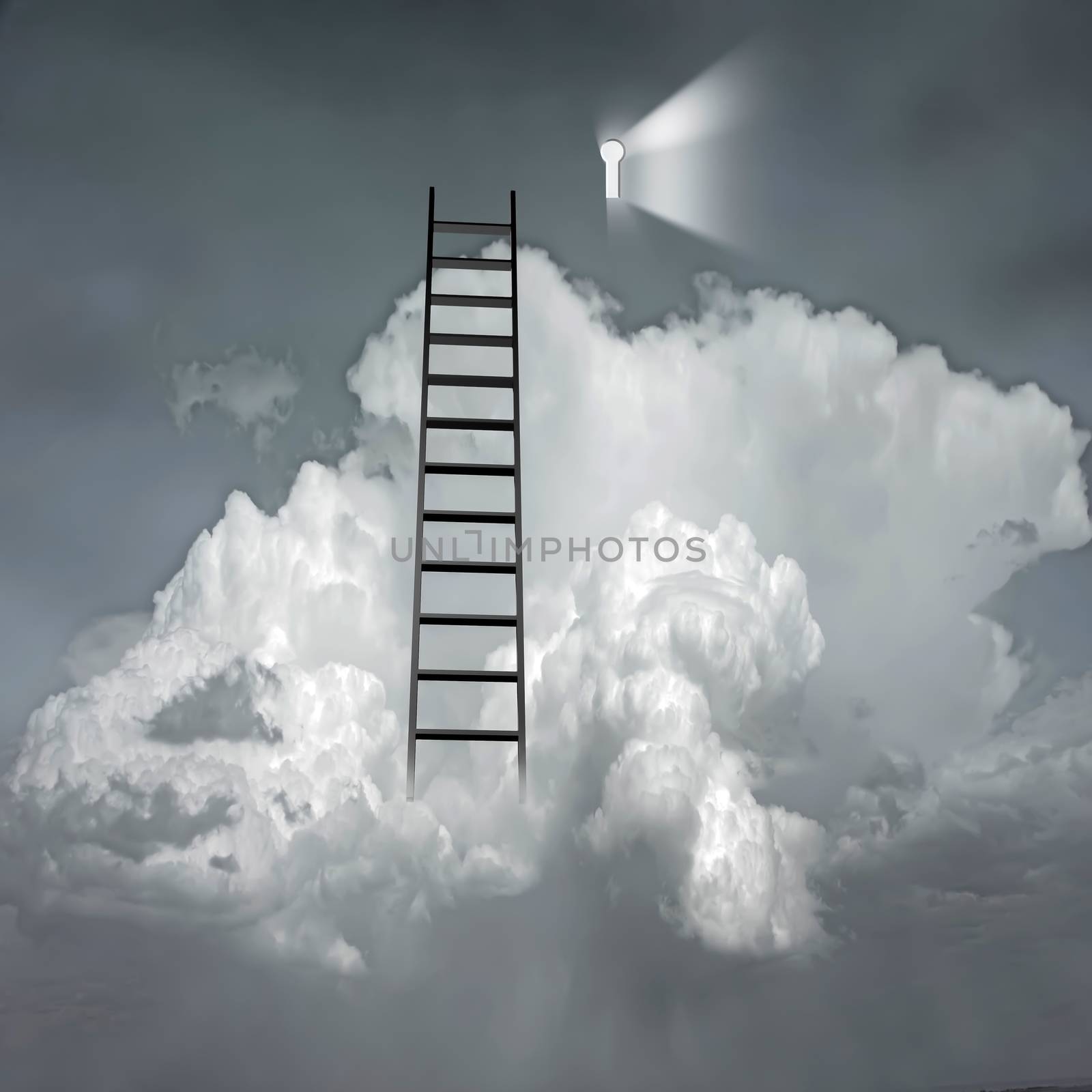Success Surreal Clouds and KeyHole. 3D rendering