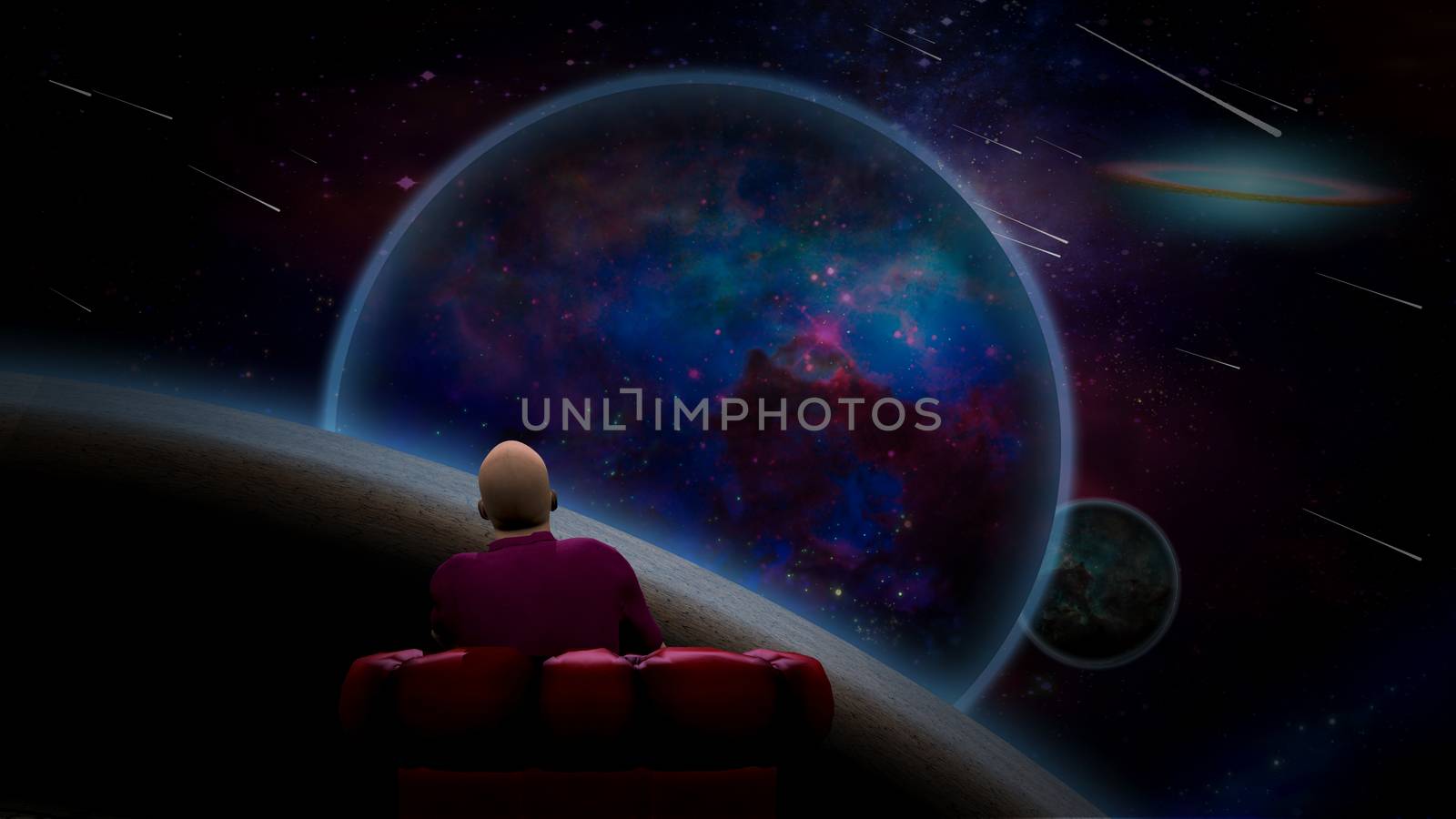 Surreal scene. Man sits in red armchair and observes vivid purple planet, moon and meteor shower. 3D rendering