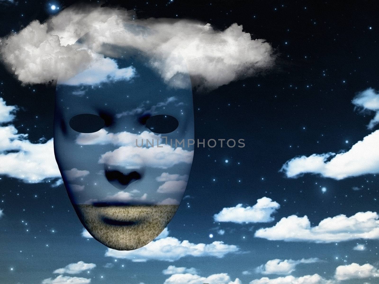 Mask with fields in cloudy sky