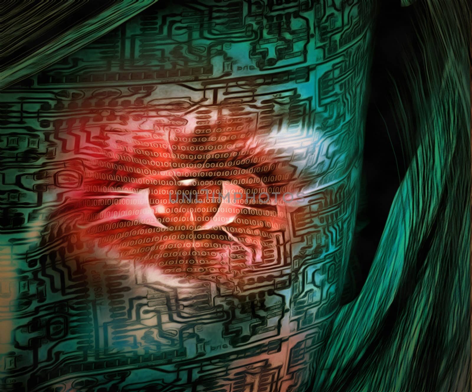 Surrealism. Red digital eye of droid woman.