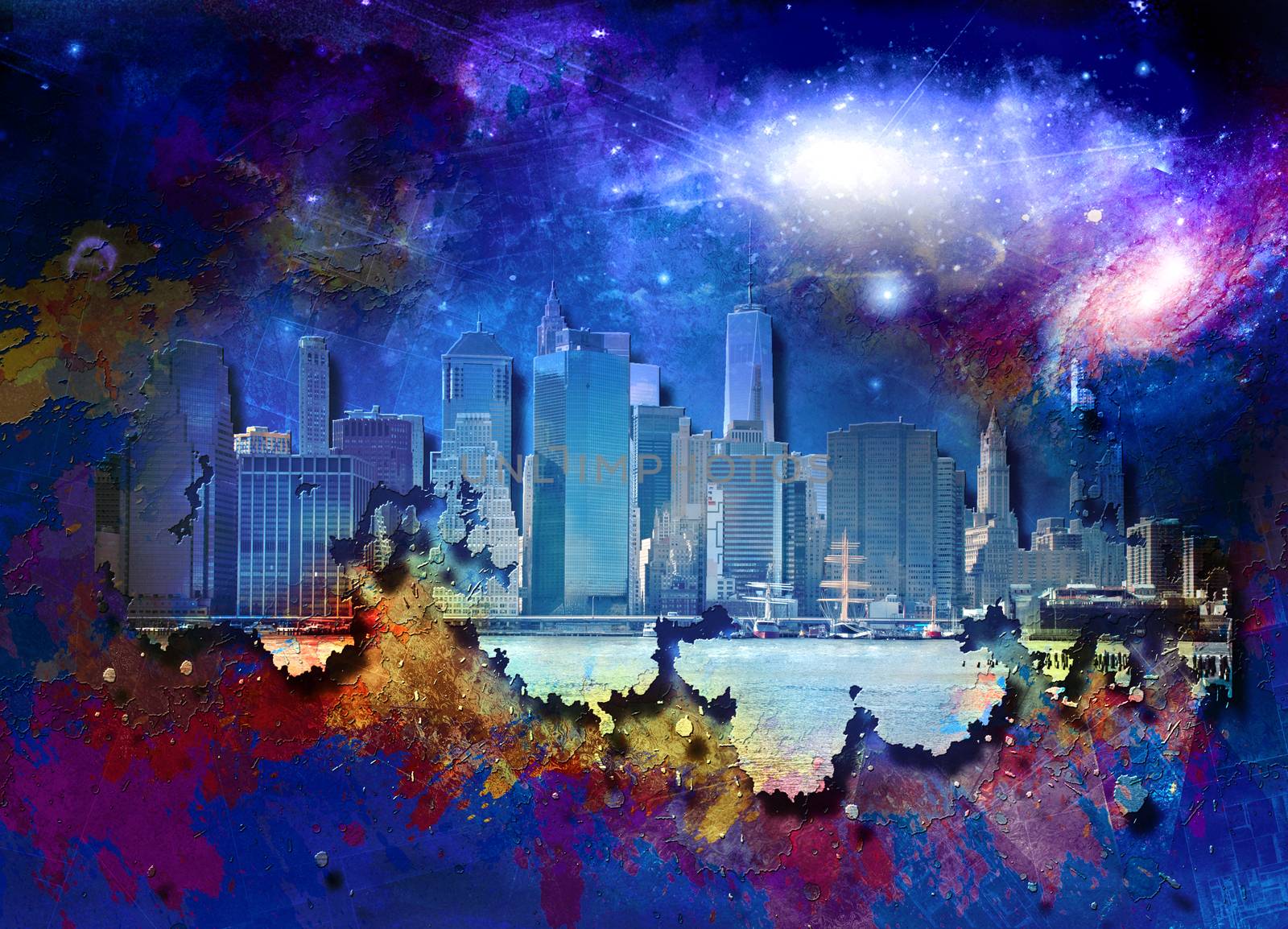 Abstract colorful composition. New York cityscape. Bright galaxies in the sky. 3D rendering